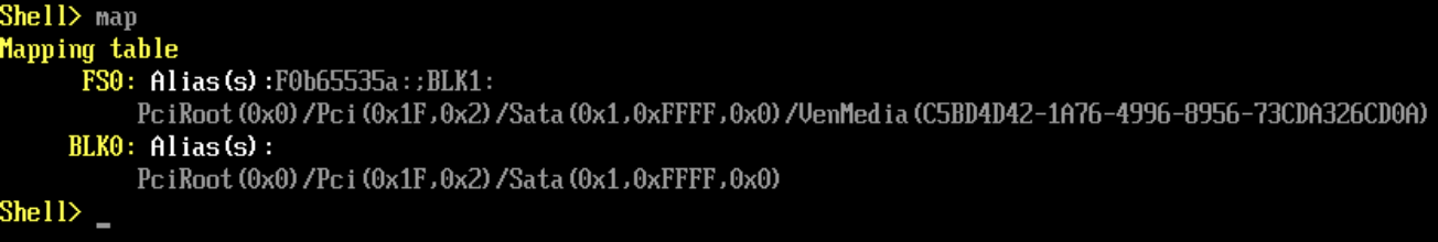 A screenshot showing the command-line interface of the EFI Shell. User types the command map and presses Enter key to execute. Then the shell shows the mapping table, having FS0, BLK2, BLK0 and BLK1 devices with their specific PCI paths and UUIDs.