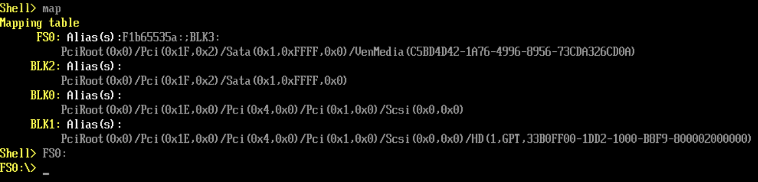 A screenshot showing the command-line interface of the EFI Shell. When typed FS0: by the user and pressed Enter to execute, it changes the active directory from Shell to FS0: as intended.