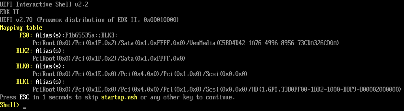A screenshot showing the command-line interface of the EFI Shell. It shows the mapping table listed on startup of the shell itself, having FS0, BLK2, BLK0 and BLK1 devices with their specific PCI paths and UUIDs. It also shows that the shell tries to start startup.nsh file in the root and allows user to skip the script by pressing ESC key or any other key to execute the script immediately, without waiting for the timeout.